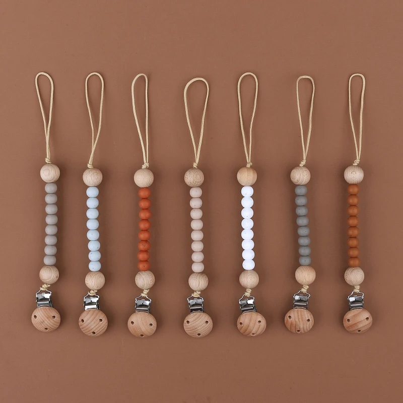 Baby Pacifier Clips BPA Free SIlicone Beads Beech Wood Beads Dummy Nipple Holder Clip Newborn Infants Pacifier Chain  Accessory