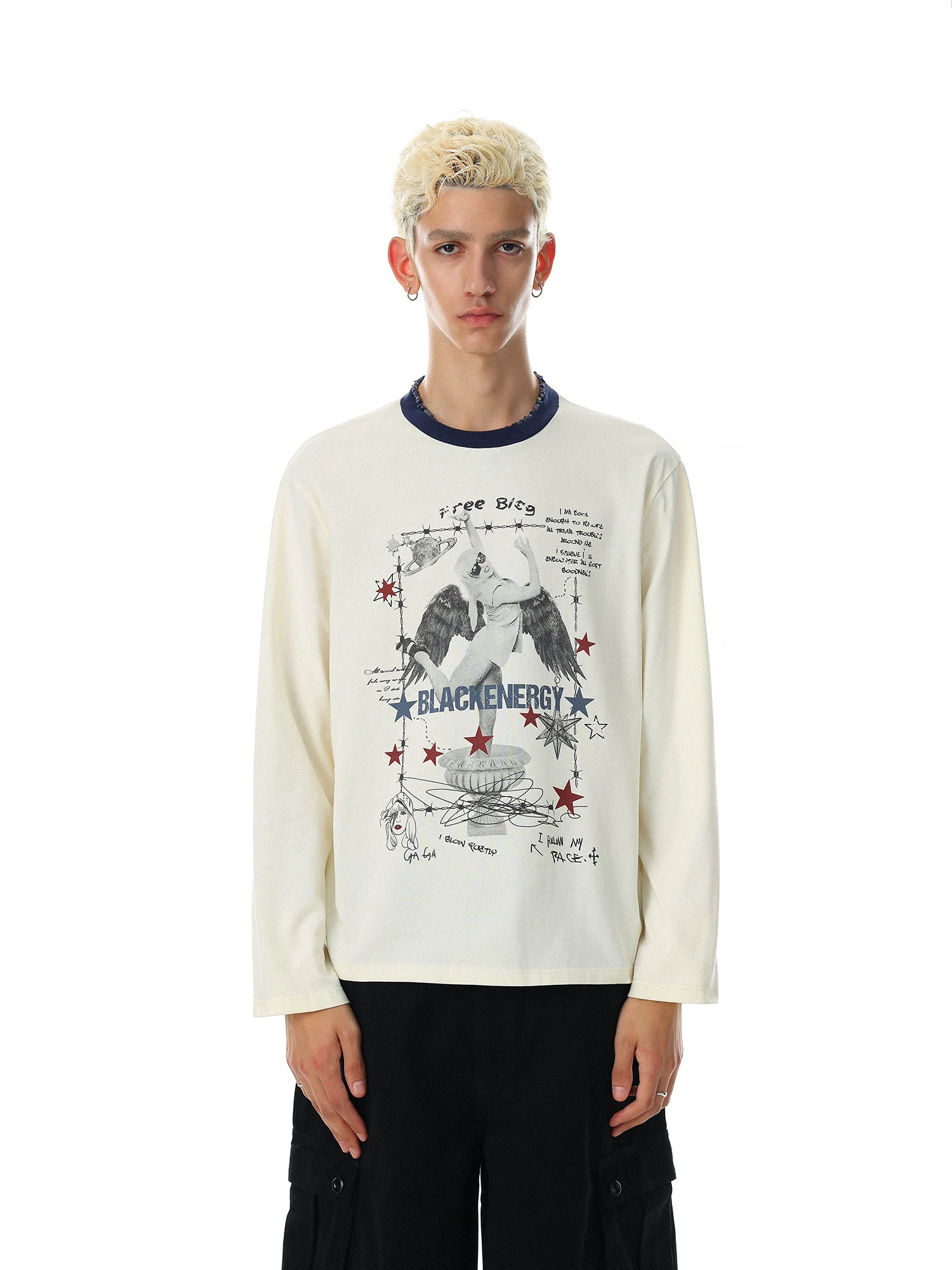 Loose Long Sleeve T-Shirt Unisex Angel Print Cotton Casual Top Vintage Color Block Men's Women's Fashionable Angel Tee