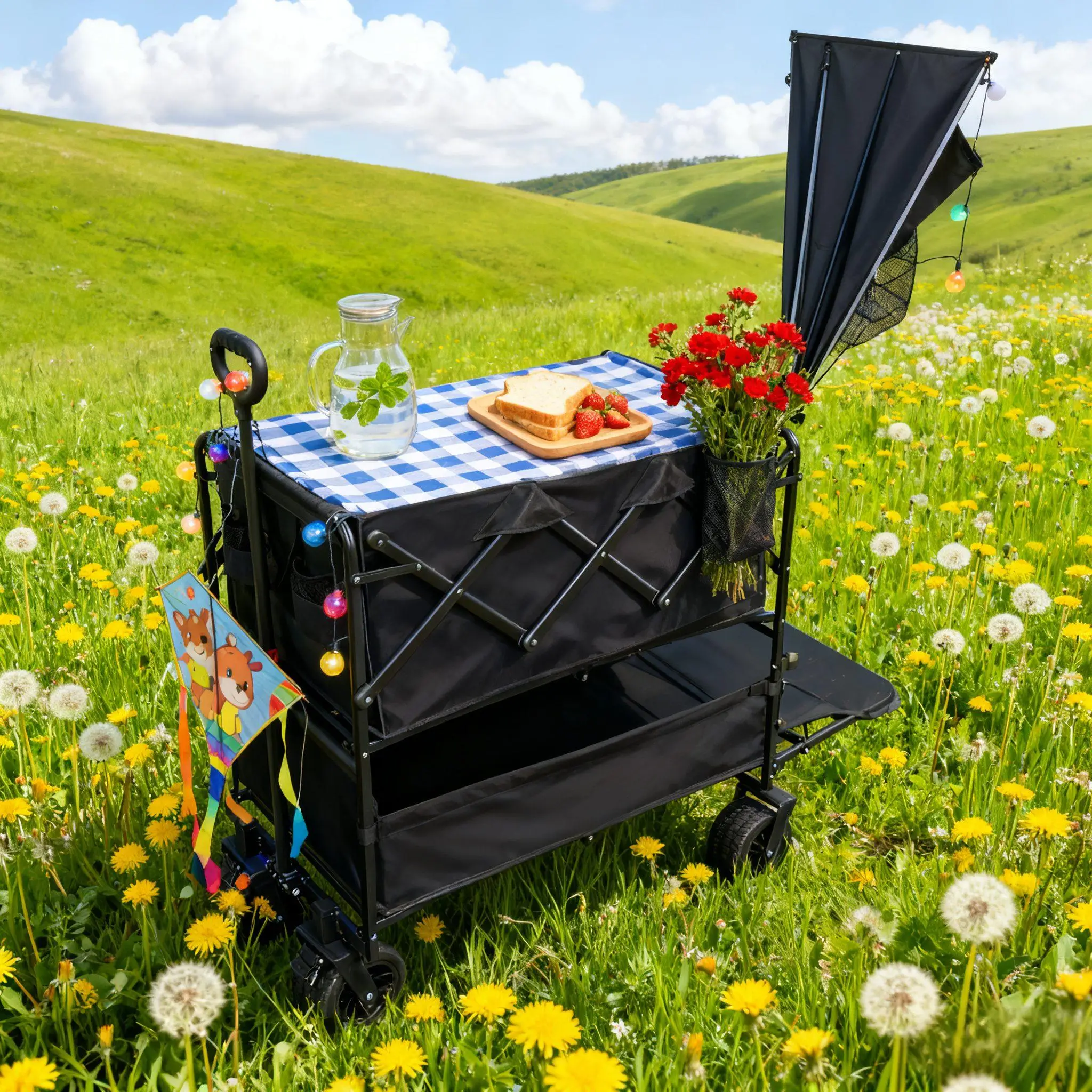 Large Capacity Double Layer Camping Wagon 600D Oxford Cloth Steel Folding Trolley Outdoor Picnic Beach Cart Shopping OEM