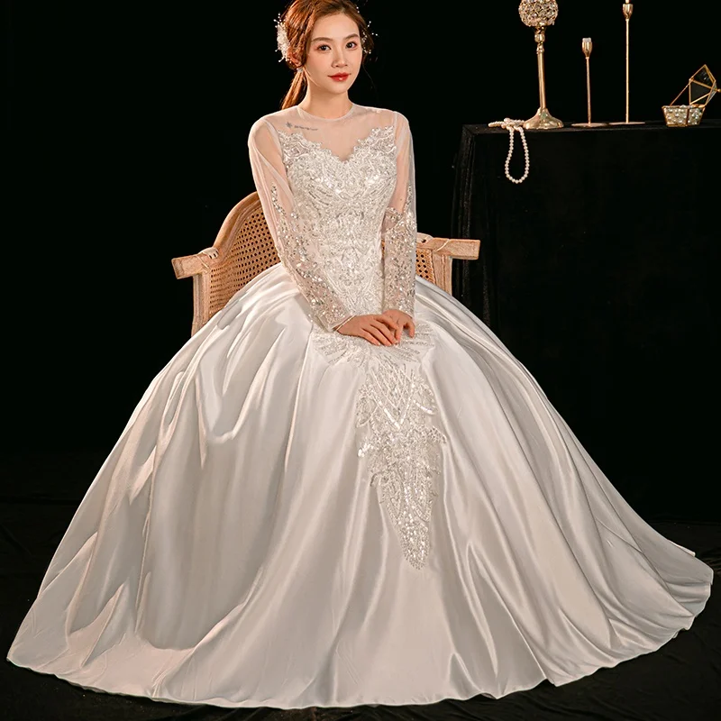 XXN-997#Long Sleeved Satin Embroidery Wedding Dress For Brides 2025 New Texture French Embroidery Dress White Wholesale Cheap