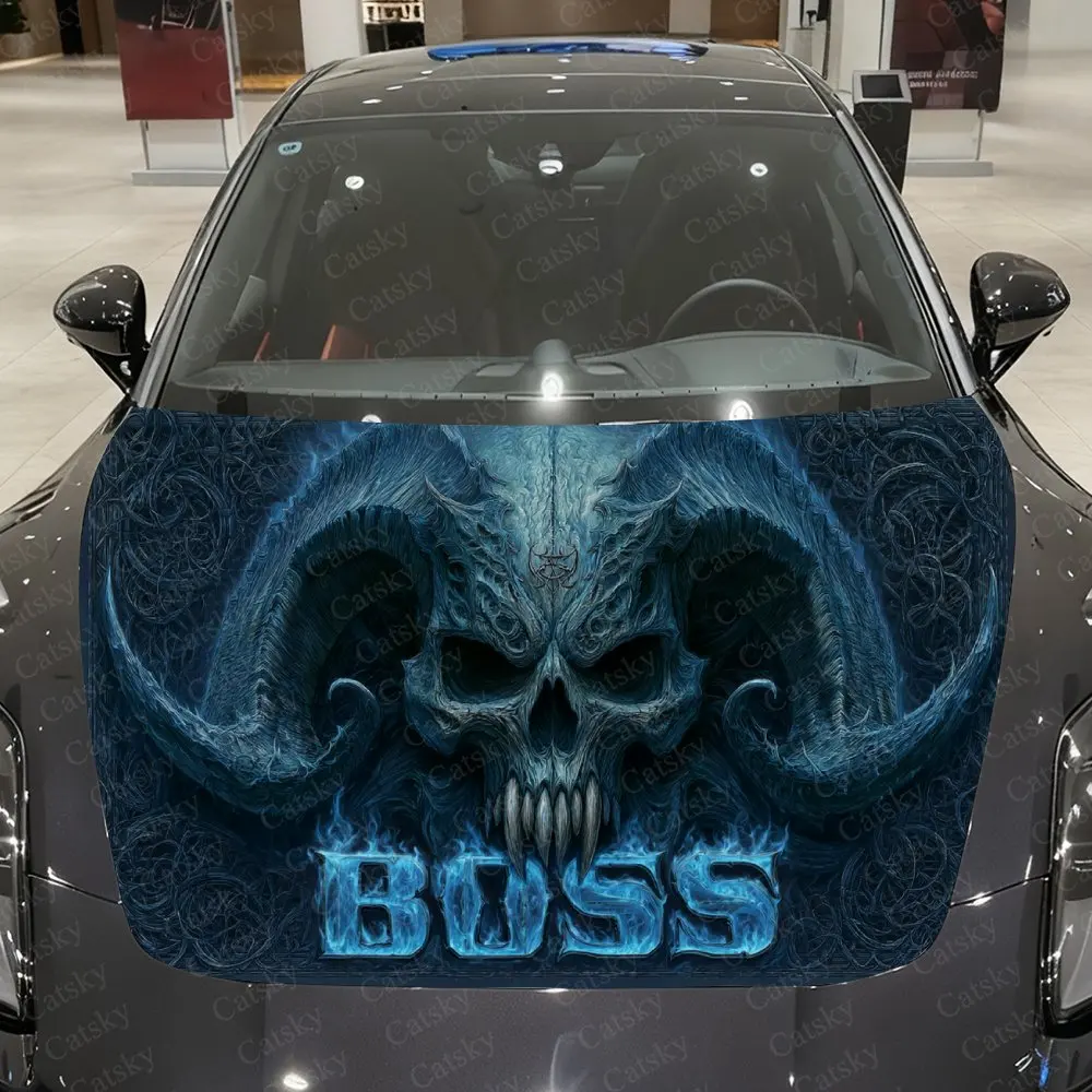 

Ice Flame Ram Horn Skull Lord Car Vinyl Wrap, PVC Waterproof Car Hood Sticker, Self-Adhesive Scratch-Resistant Stickers