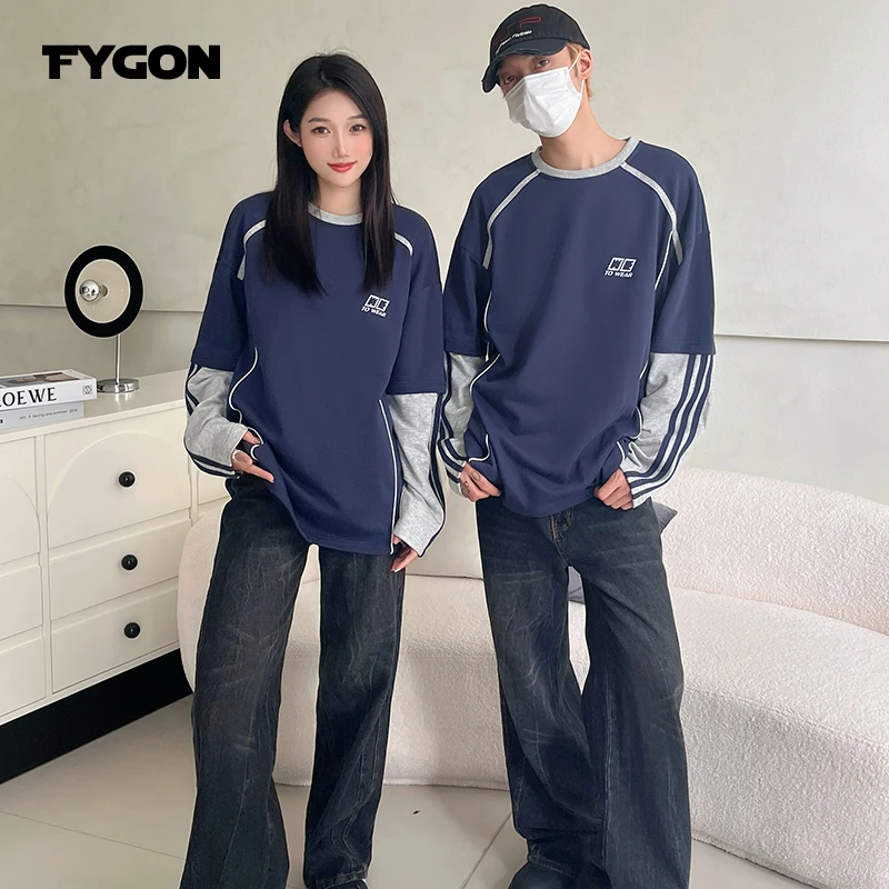 

Fygon Design Line O-neck 100% Cotton Oversized Sweatshirt Patchwork Contrast Color Men's Graphic Sweatshirts 2024 Thin Tops