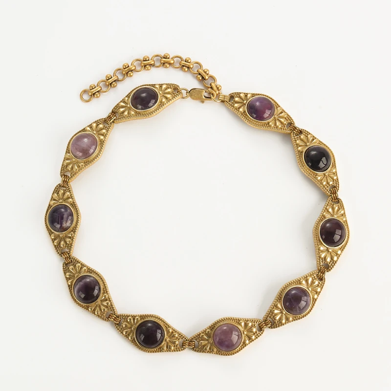 

Vintage Purple Necklace Antique Flower Choker Collar Women Natural Stone Eye Shape Wedding Bridal Chain Valentines Gift 2025