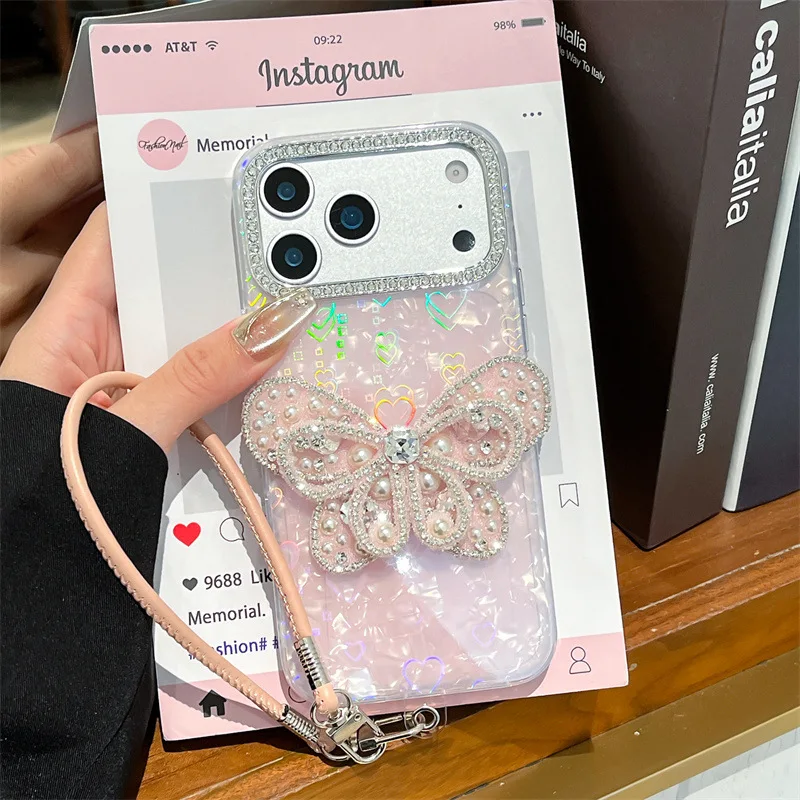 Luxuriöse Laser-Liebes-Herz-Shell-Muster, vergoldete Diamant-Schmetterlings-Handyhülle für iPhone 17, Air 16, 15, 14, 13, Pro Max, stoßfeste Abdeckung