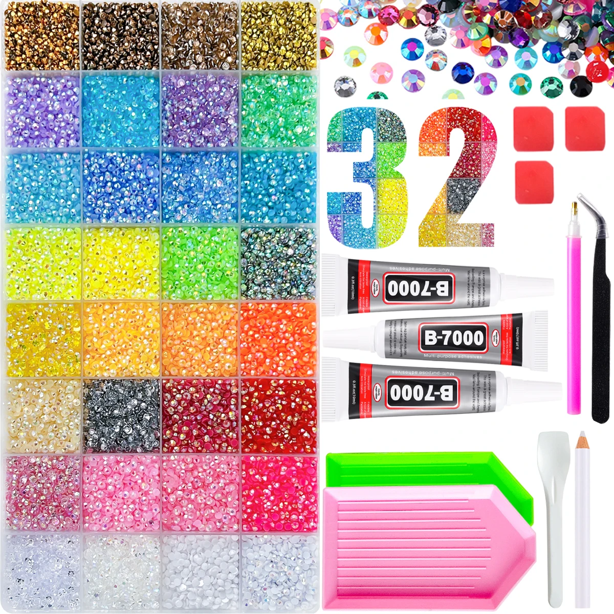 1Box 3/4/5mm AB Colored Nail Rhinestones Charms 32 Colors Flatback Semi-circular Resin Nail Bedazzling Rhinestones Kit DIY Nails
