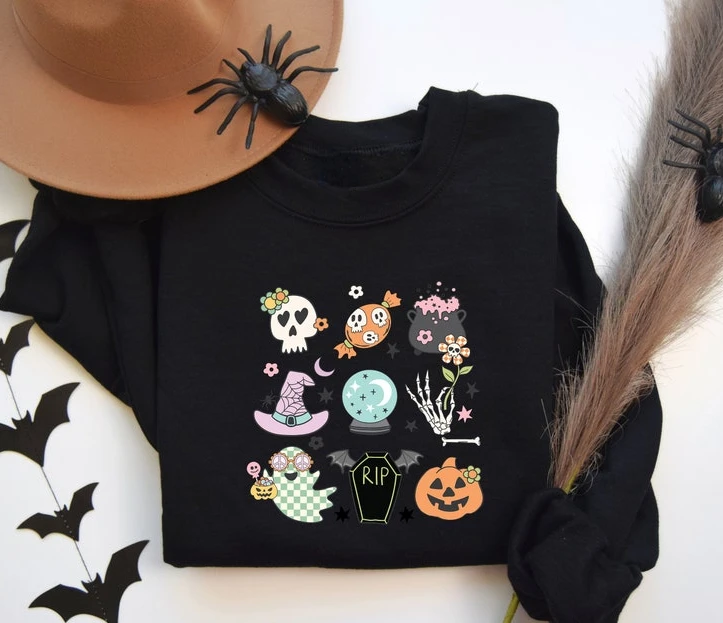 Halloween Doodles Cute Theme Sportswear, Happy Halloween Heart Euphoria Clothes  Trick or Treat Long Sleeve Pullover Ropa Mujer