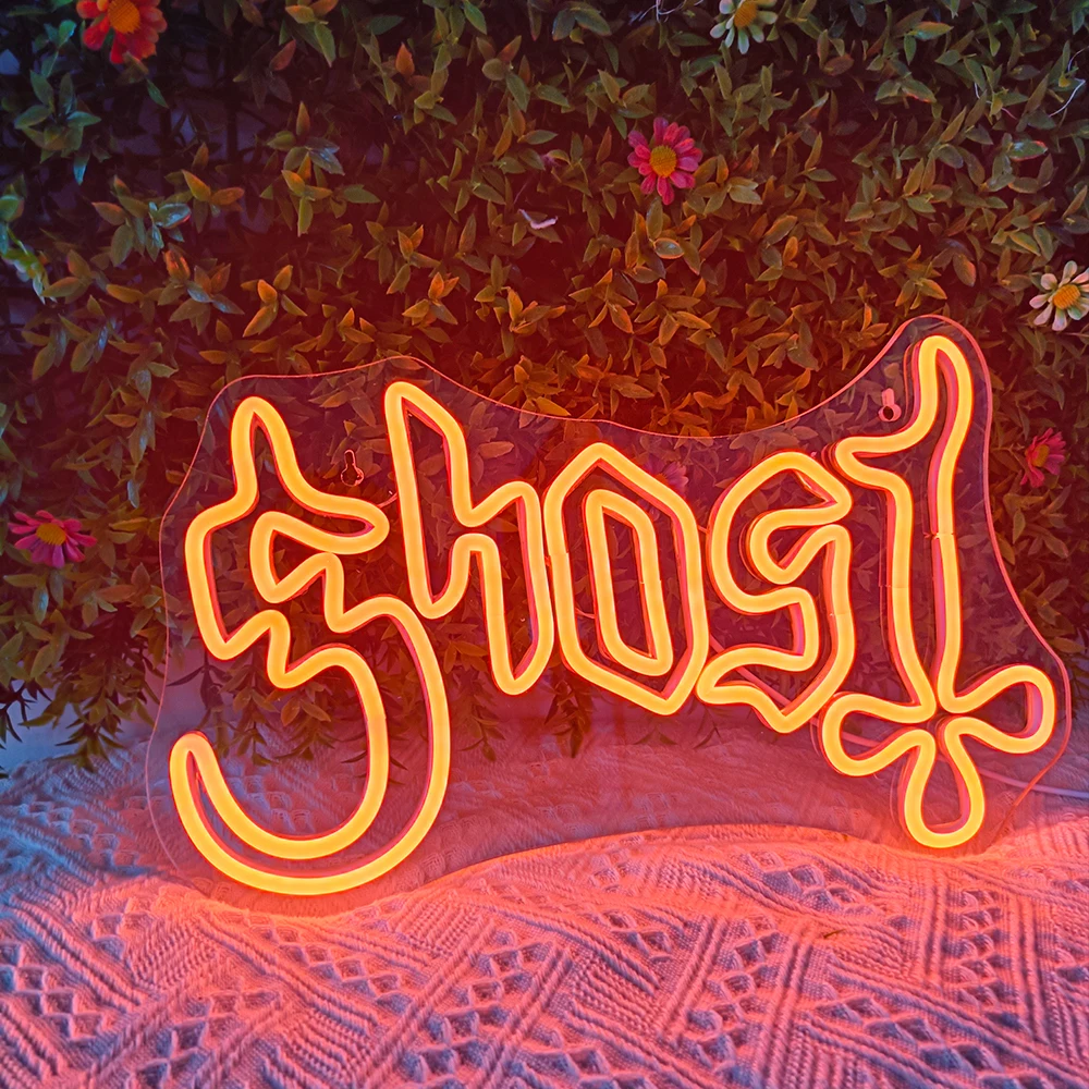 Ghost Neon Sign Art Halloween Decoration For Party Room Living Room Bar Happy Halloween Neon Light Dimmable Led Light Sign USB