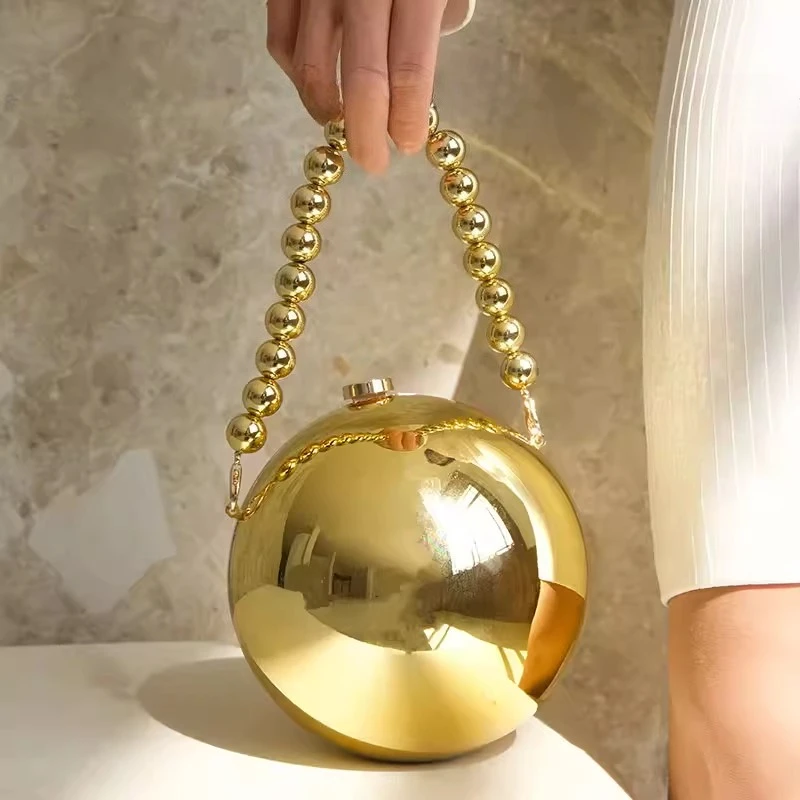 Women Acrylic Evening Bag Fashion Round Handbag Clutches Purses with Beaded Chain Shoulad Bag for Party Wedding Bridal