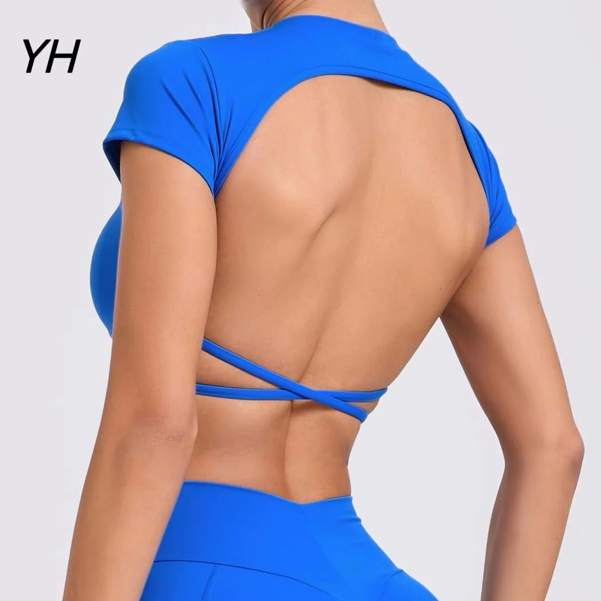 

Sexy Cross Backless Sporty Top with Cups Women Sportswear Short Sleeve T-shirts for Fitness Yoga Wear Gym Workout Crop Top White