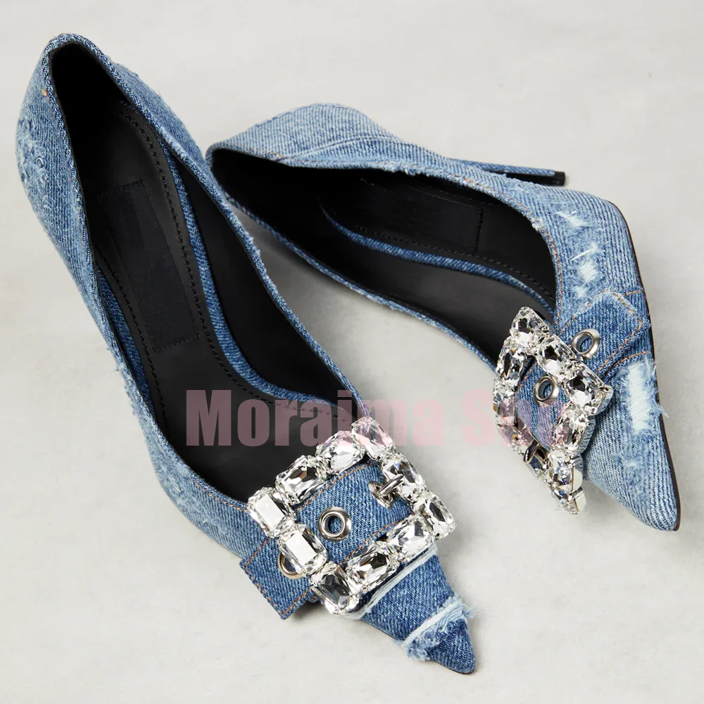 

Luxury Crystal Buckle Denim Pumps Pointed Toe Shallow Stiletto High Heels Sexy Fashion Women's Dress Shoes Banquet Party 2025