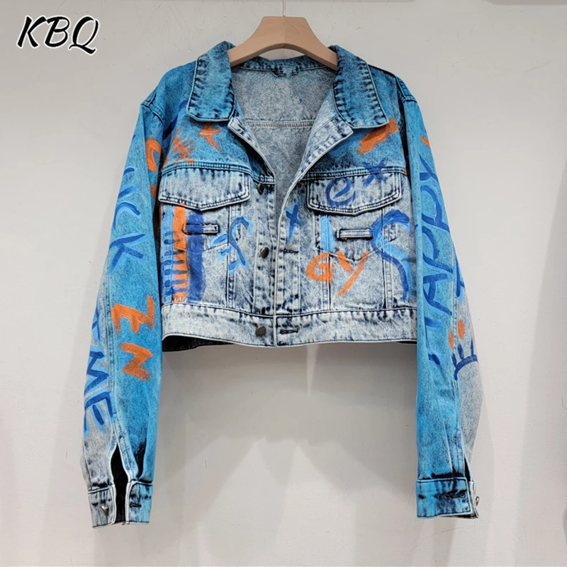 KBQ ตีการพิมพ์สี Chic แฟชั่น DENIM Coats สําหรับผู้หญิงแขนยาว Patchwork ปุ่ม Streetwear แจ็คเก็ตหญิงแฟชั่น