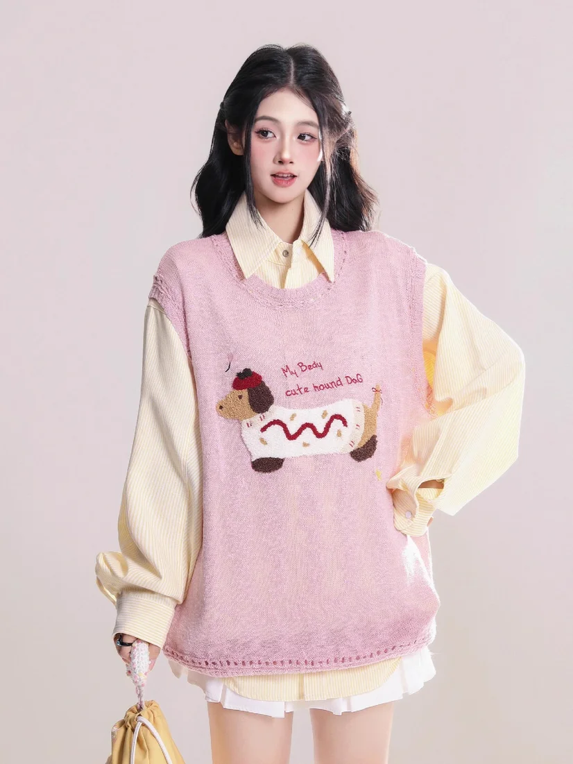 Campus Sweet Pink Cute Preppy Aesthetic Women Knit Sweater Vest Cartoon Dog Jacquard Sleeveless Loose Fall Layering Waistcoat