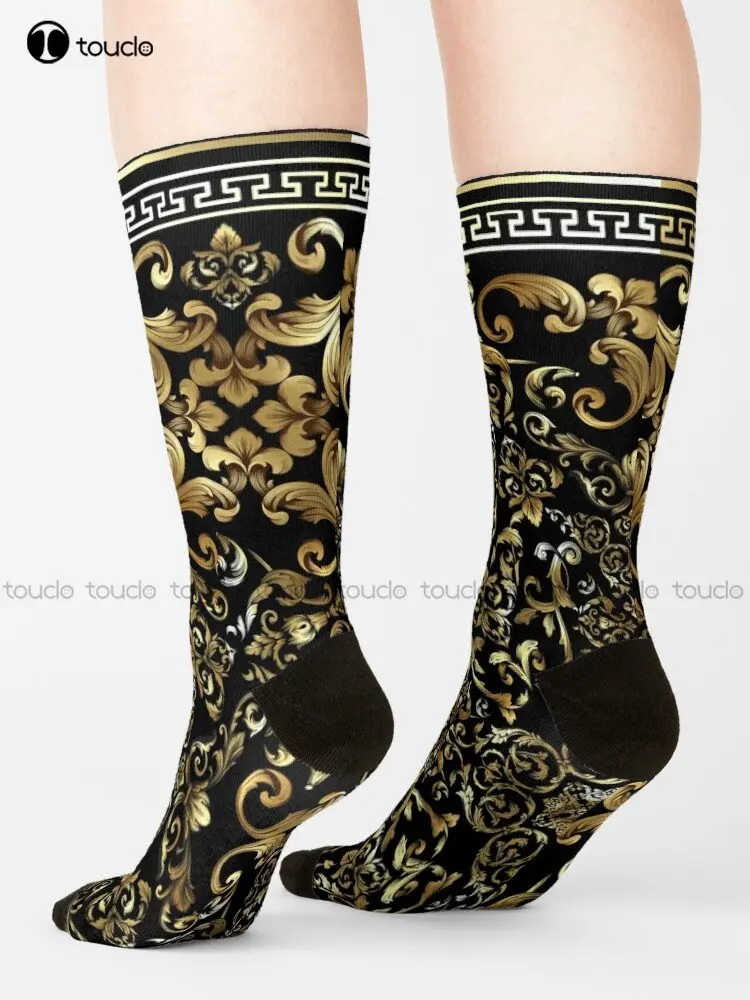 Ornate Baroque Black And Gold Greek Key Border Socks Yellow Socks Personalized Custom Unisex Adult Teen Youth Socks Custom Gift