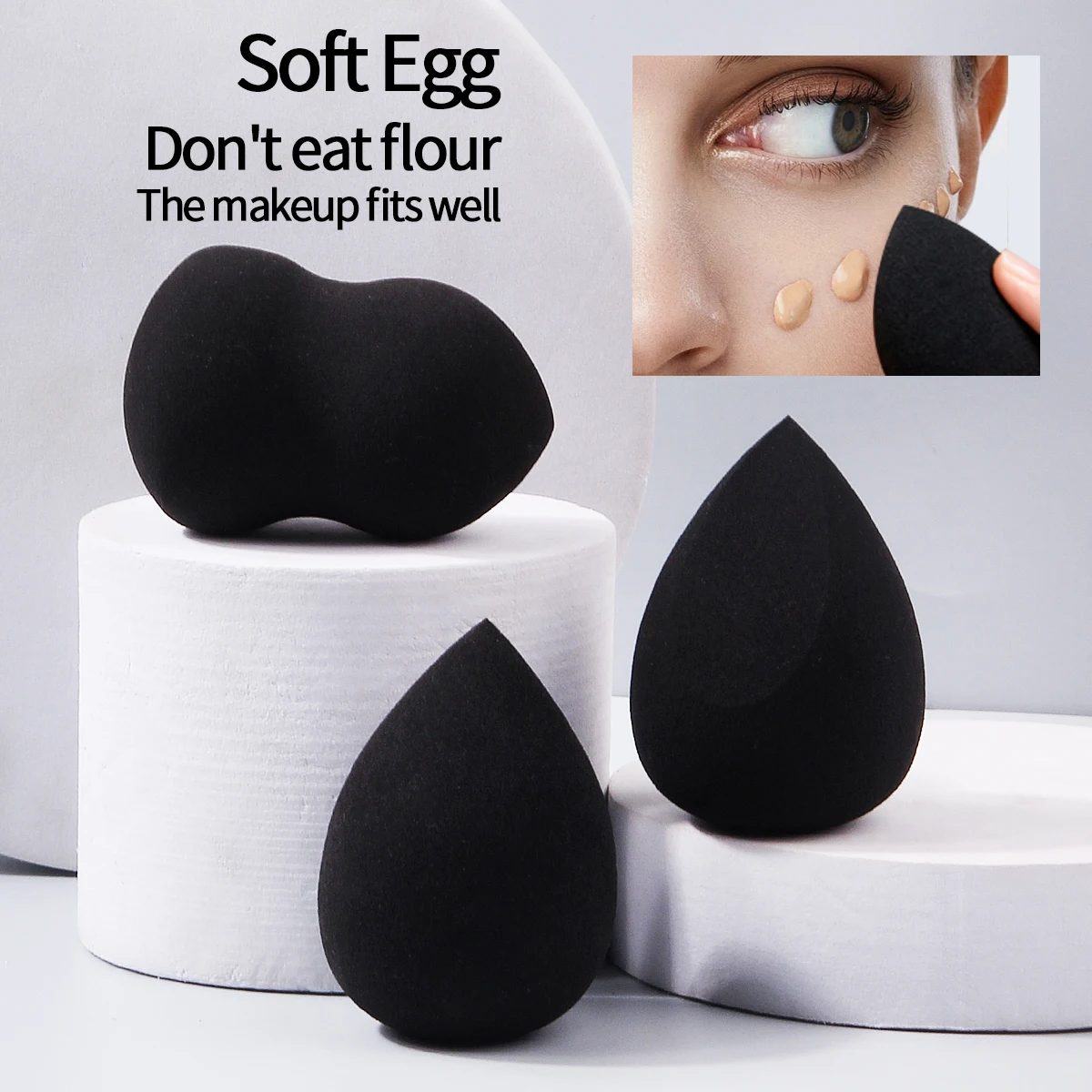 3/5 PCS Conjunto de esponja de maquiagem preta mais vendida, uma ferramenta de maquiagem facial de dupla finalidade seca e úmida, sem pó e fácil de limpar