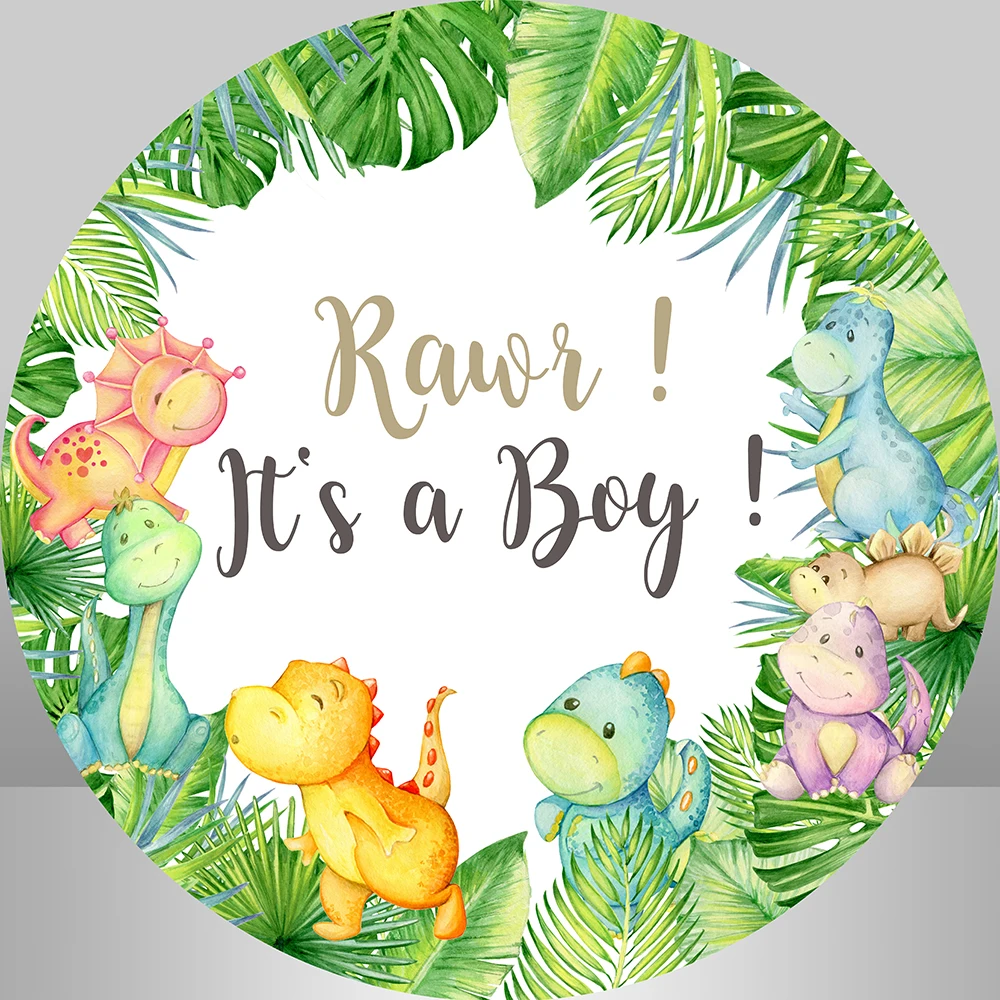 

Roar It's a Boy Dinosaur Round Circle Backdrops Cover Green Leaves Safari Baby Shower Background Cake Table Decor Party Supply