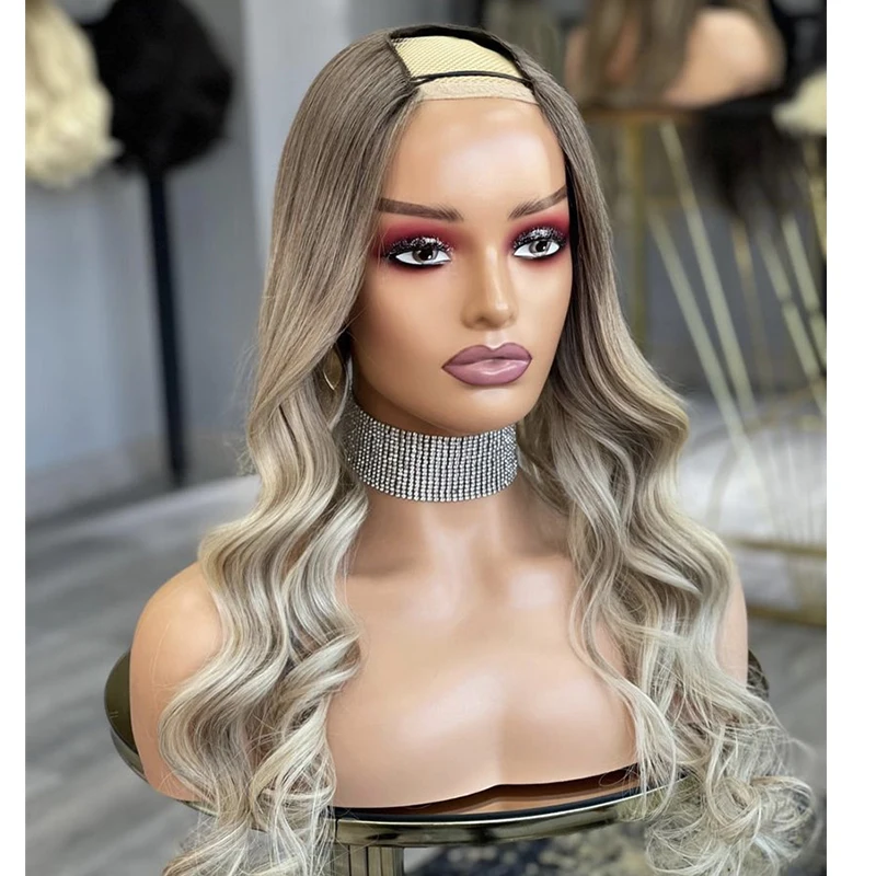 Wig alami bergelombang Ombre putih pirang V bagian rambut manusia untuk wanita penggunaan sehari-hari tanpa lem 2*4 Tengah/kanan/kiri U bagian rambut manusia