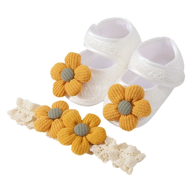 1 chaussures d'apprentissage à marcher pour bébés filles, avec couvre-chef, Adorable bandeau à fleurs chaussures