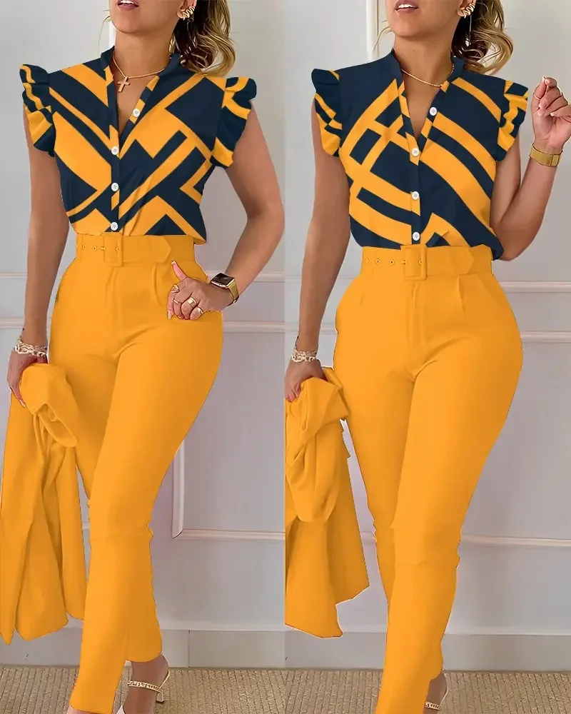2025 Fashion 2 Piece Women\'s Flower Print Top Shirt Pants Suit Sexy Casual Belt Trousers Elegant Clothing Office Lady Outfits