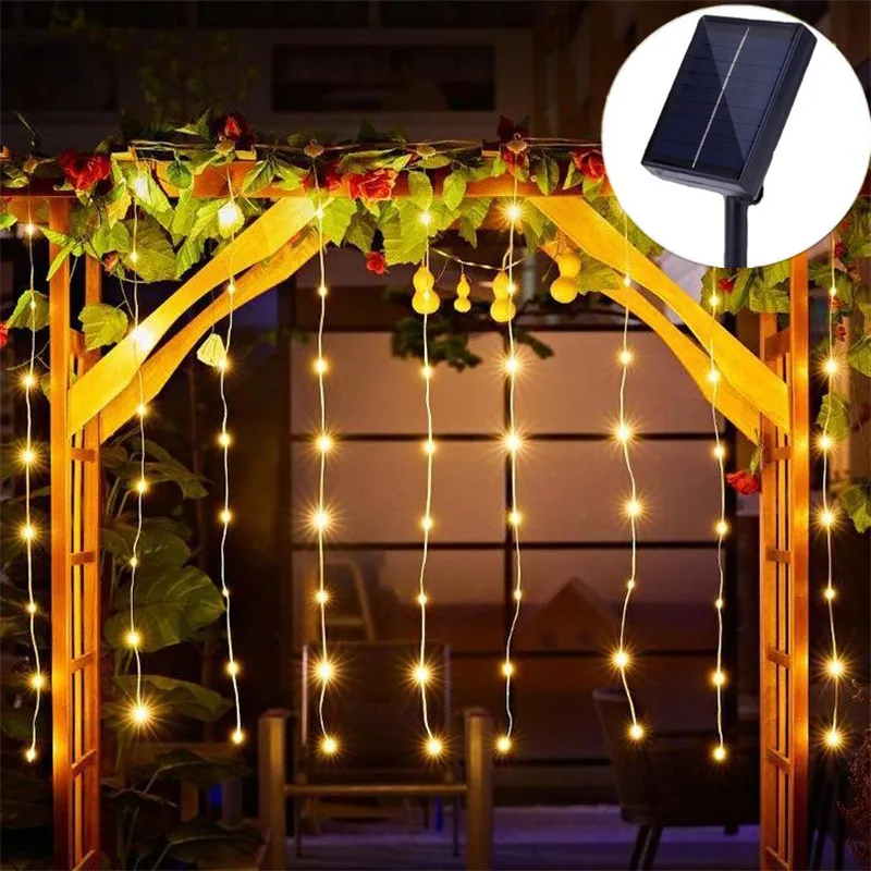 Solar Power Outdoor Curtain String Lights 8 Lighting Modes Great for Wedding Party Pergola Garden Decoration Christmas Lighting