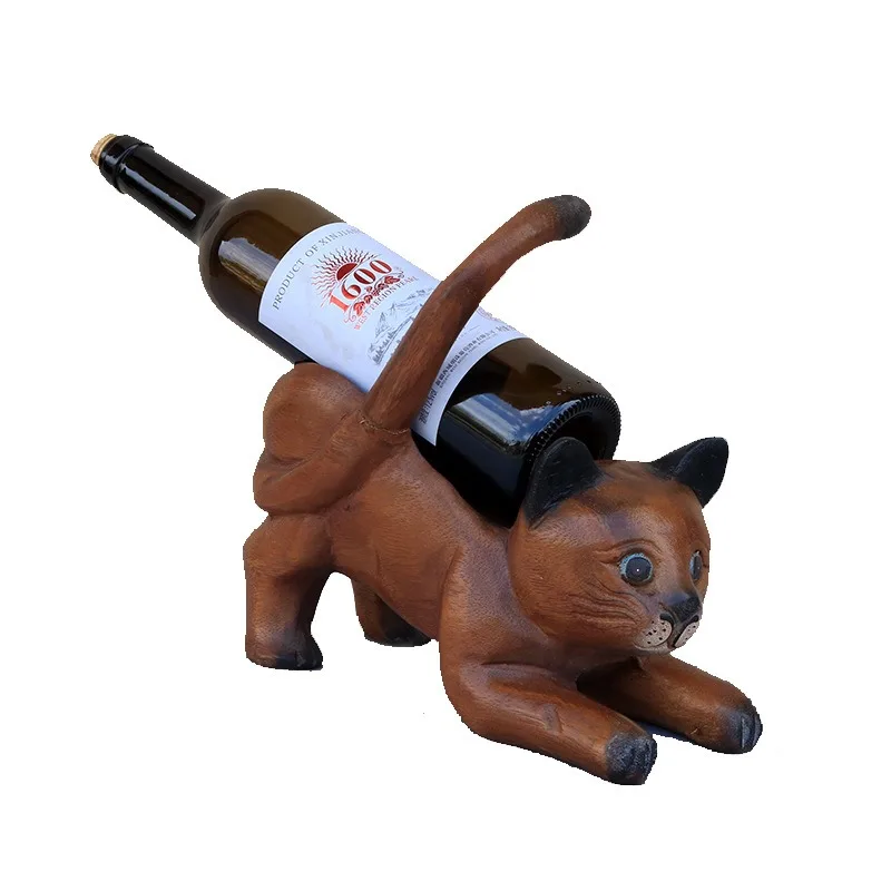 Thailand imported solid wood red wine rack South East Asia home hotel creative red wine rack, kitten ornament