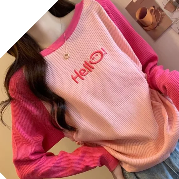 Plus-size Women's New Arrival Spring And Autumn Casual Versatile Color-blocking Drawstring Waist Slimming Long-sleeve T-shirt