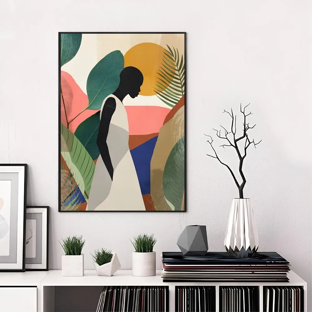 1PC Abstract African Woman Flower Leaves Self-adhesive Art Waterproof Paper Sticker Coffee House Bar Room Wall Decor