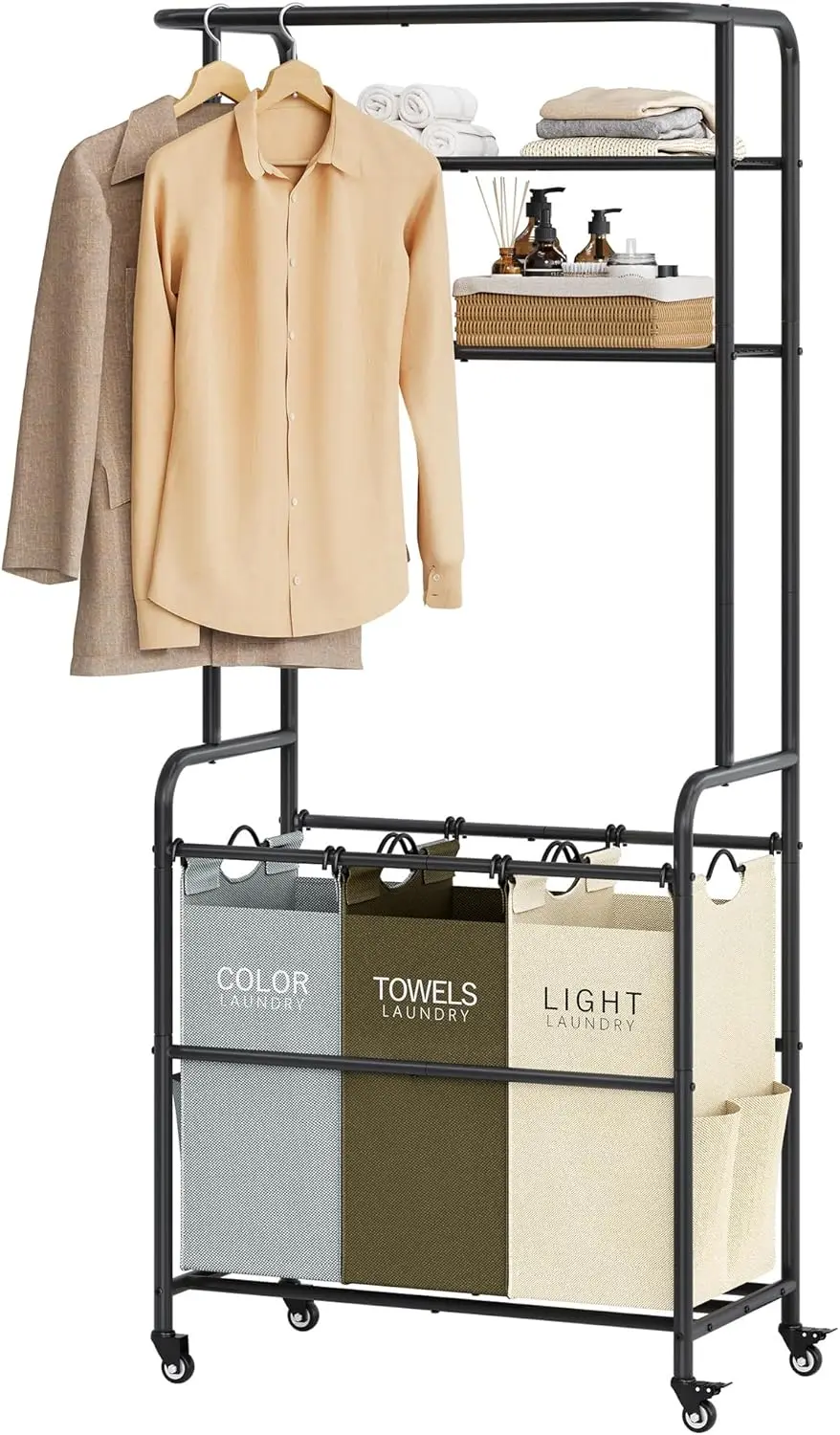 

3-секционная корзина для белья со съемными сумками, подвесной стойкой, колесами и полкой — 3 цвета