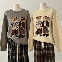 Korean Women O-neck Cartoon Printed Pullover Knitted Sweaters 2025 Autumn Winter New Vintage Korean Version Women Clothing