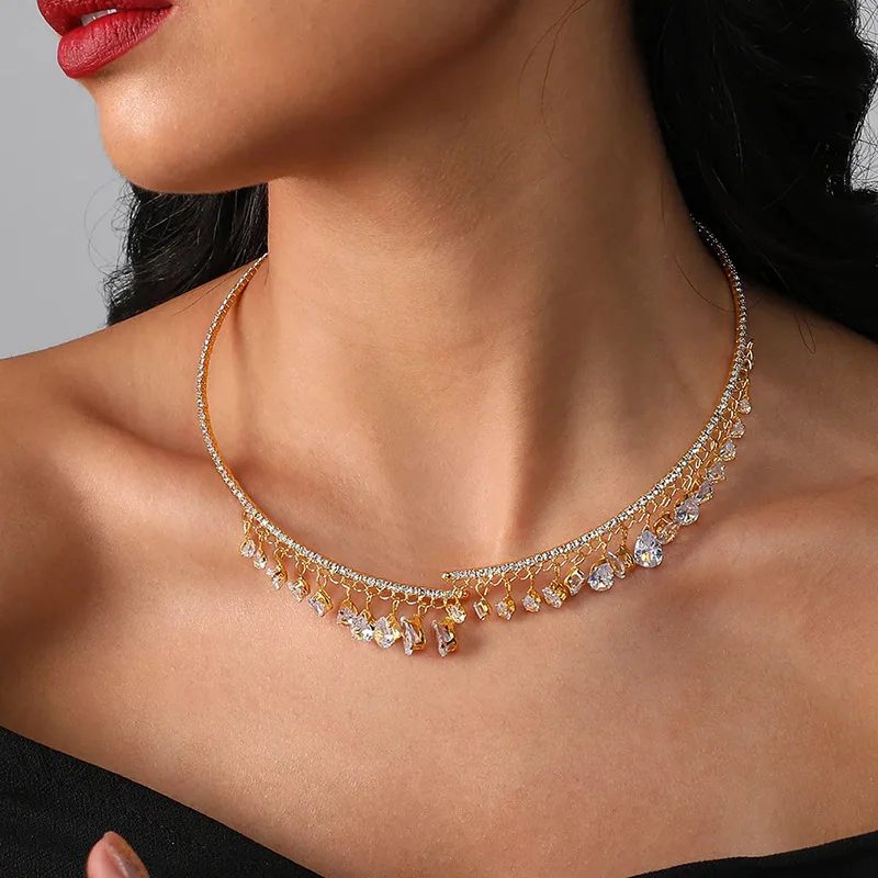 

Water Drop Tassel Rhinestone Choker Geometric Necklace Bridal Wedding Banquet Shiny Jewelry Women's Charm Fashion Accessories