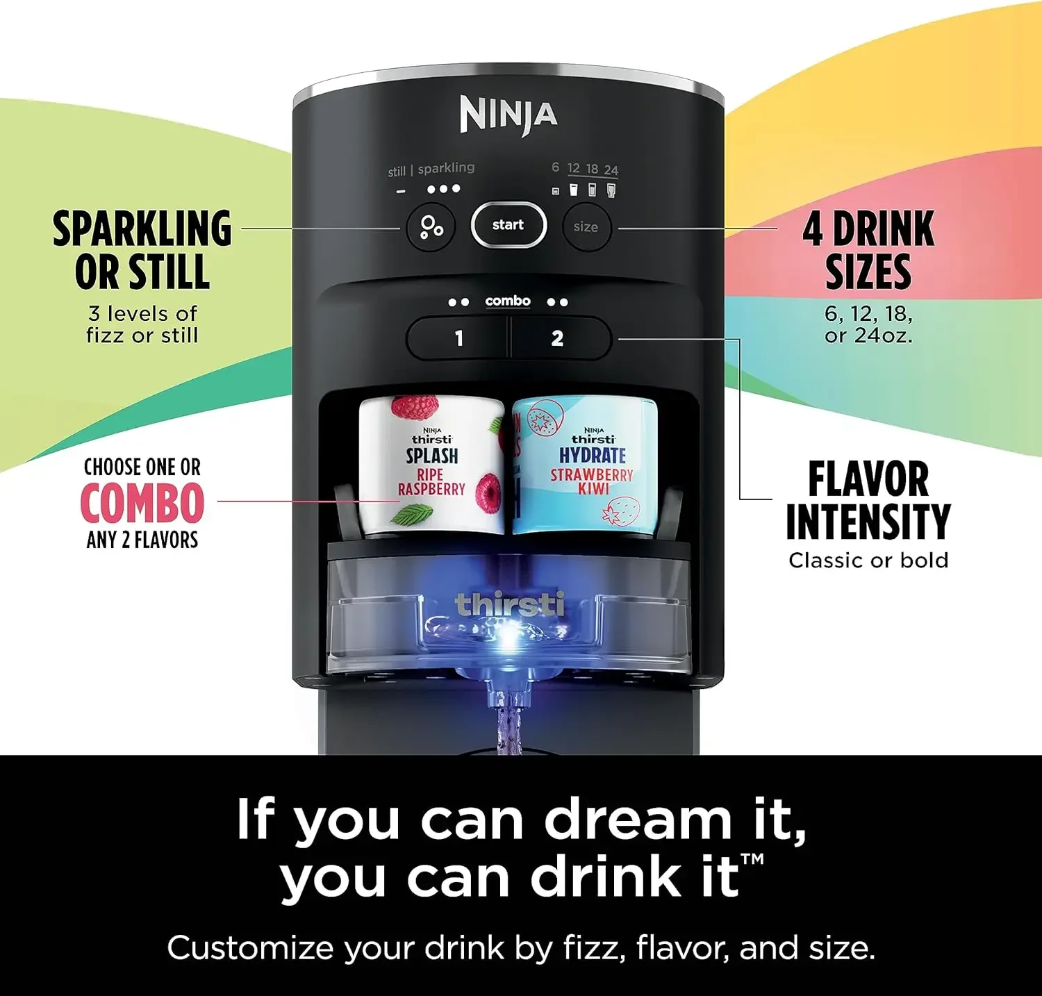 Drink System, Soda Maker, Create Unique Sparkling & Still Drinks, Personalize Size & Flavor, Carbonated Water Machine.