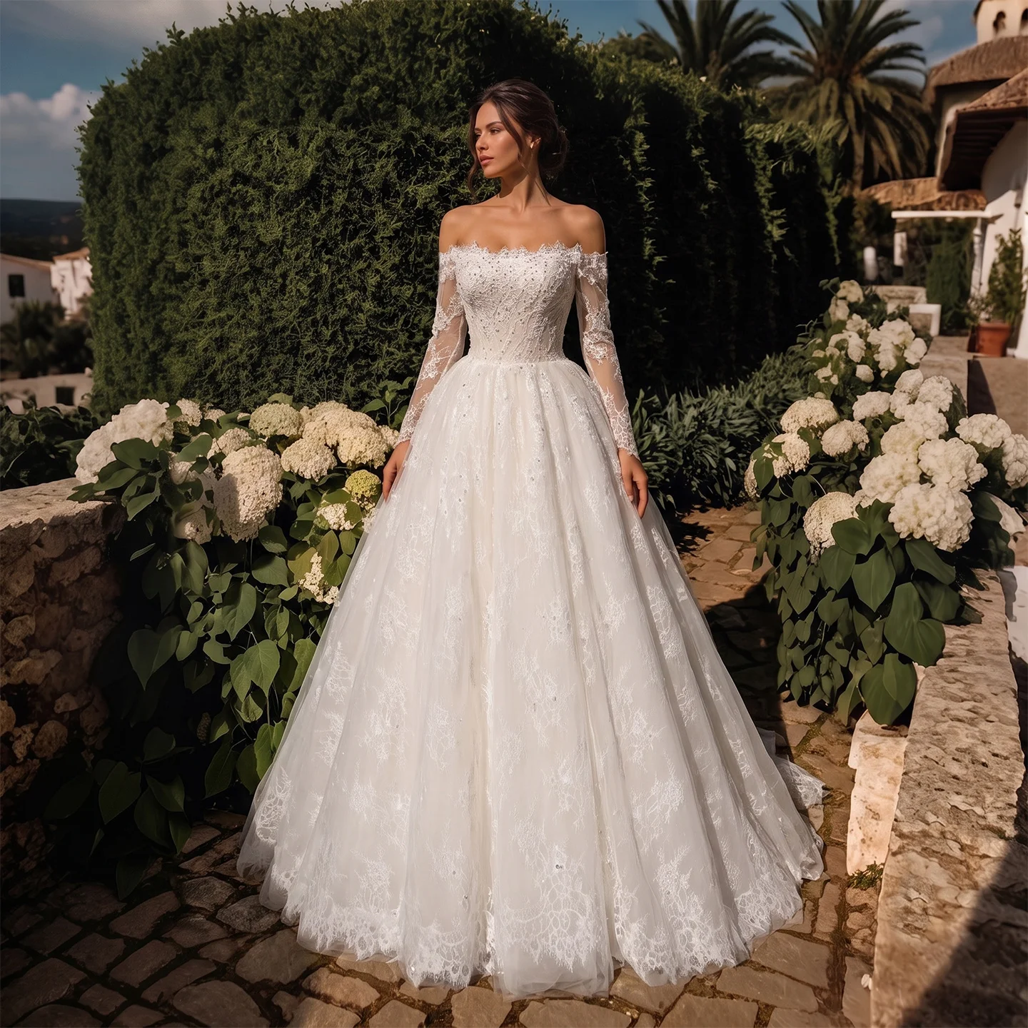 Sheer Fairy Wedding Dress Elegant A-Line Off Shoulder Floral Lace Crystals Beaded Pearls Luxurious Bridal Gowns SW679 Customized
