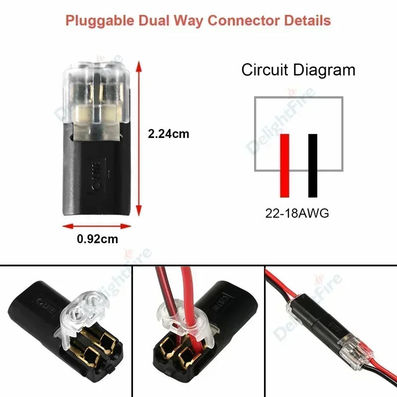 2pin Pluggable Wire Connector Quick Splice No Waterproof Electrical Cable Crimp Terminal for 22-18AWG Car LED Strip Auto Wiring