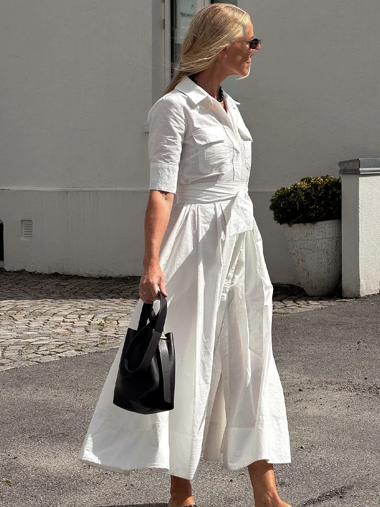 HH femmes mode revers manches courtes poche simple boutonnage ceinture décorer robe Midi femme été élégant mince robe plissée