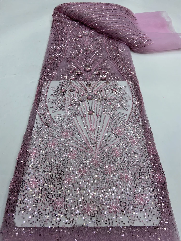 

Pink Latest Luxury African Groom Sequins Lace Fabric 2024 High Quality Beads Embroidery French Lace For Christmas Wedding Dress