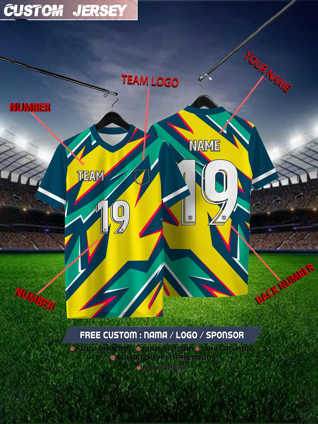 

Customized Geometric Yellow Short Sleeved Shirt with Team Name, Emblem, Name and Number, Outdoor Sports Short Sleeved T-shirt