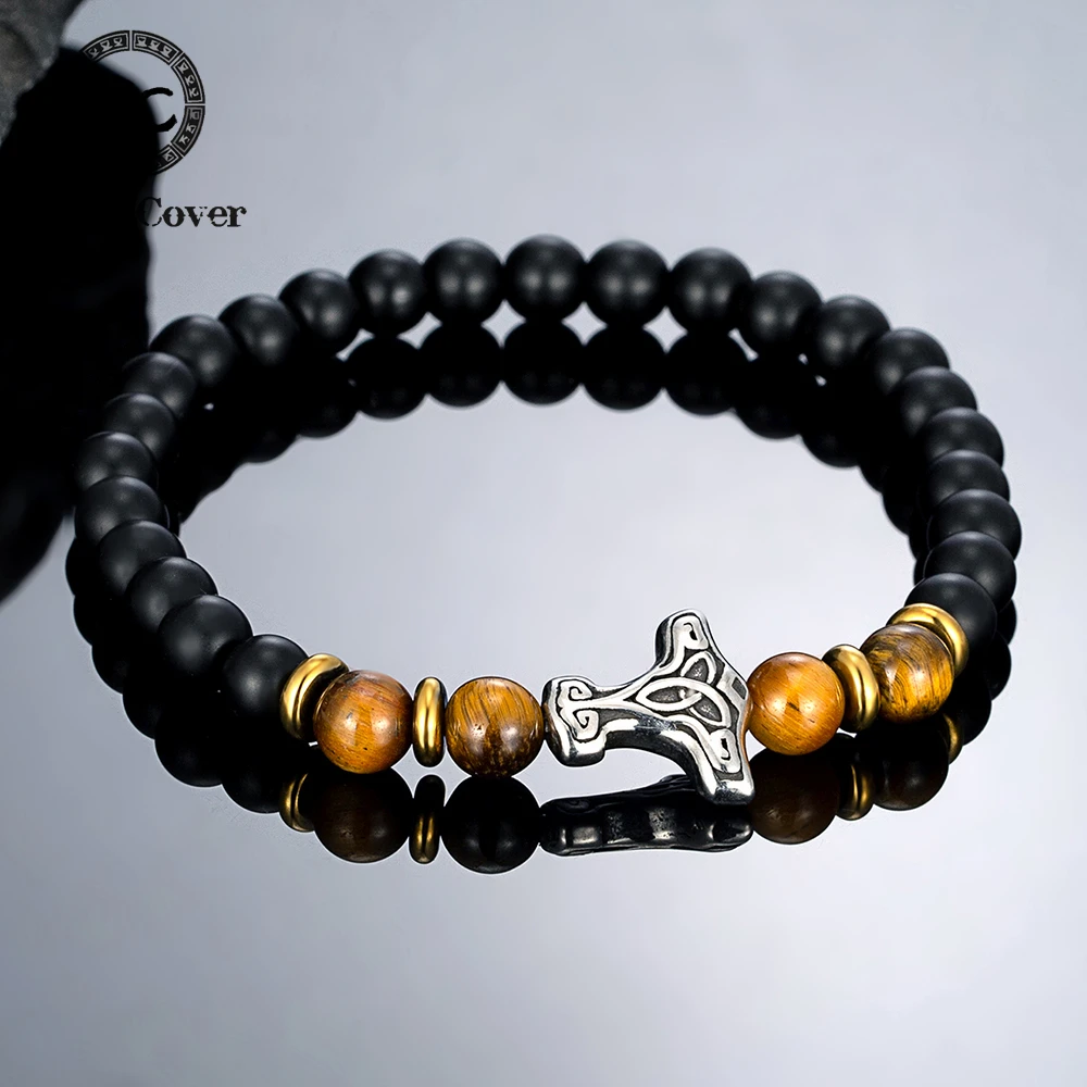 Nordische Mythen Mjölnir Perlenarmband für Männer und Frauen Naturstein Edelstahl Thor Hammer Elastisches Stretch-Armband Wikinger-Schmuck