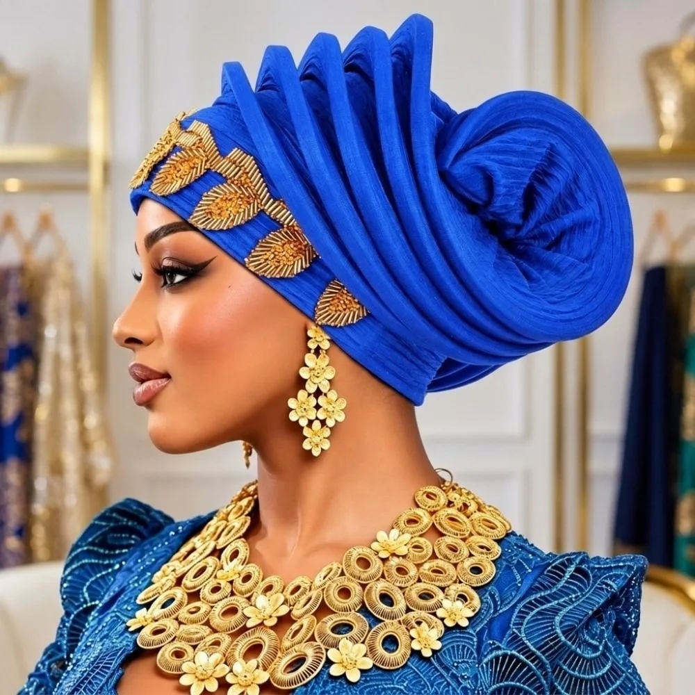 Shiny African Gele Headwrap Leaf Gold Embellished Yoruba Turban Hat Multiple Color Options Polyester Traditional Headpiece Women