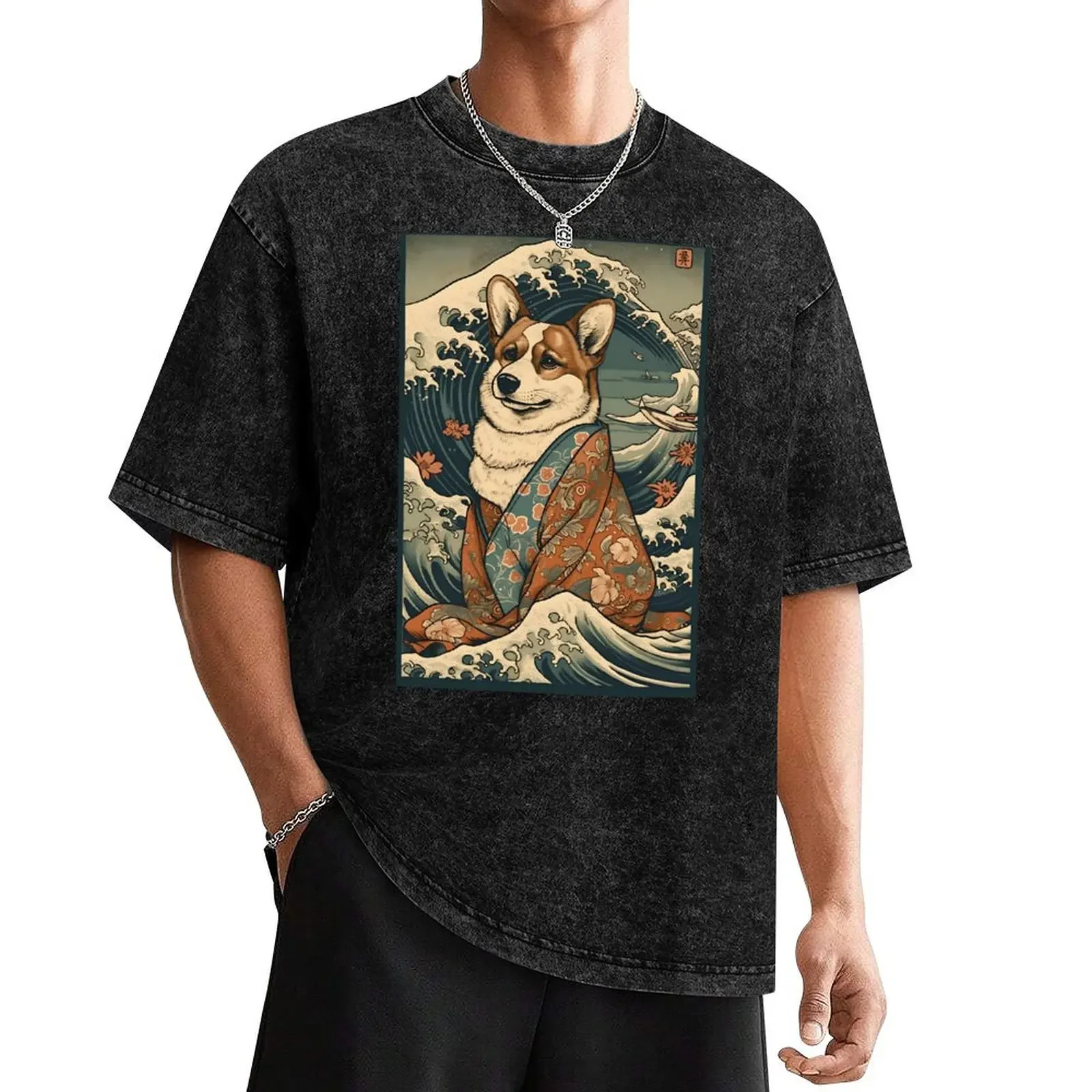 Corgi in Kimono: Traditional Japanese Ukiyoe Painting with Waves T-Shirt for a boy custom shirt blue archive mens workout shirts