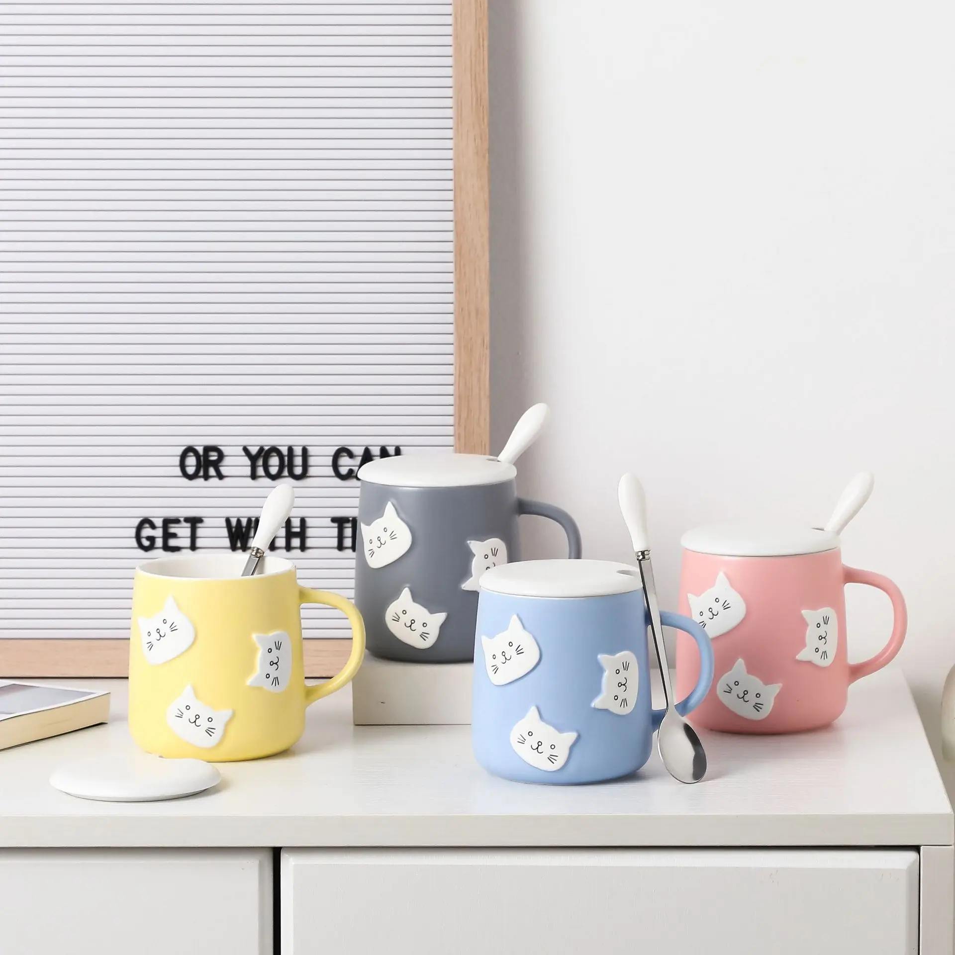 Creative Cartoon Relief Cat Ceramic Cup Mug Office Home Practical Gift Student Couple Mug with Lid Spoon