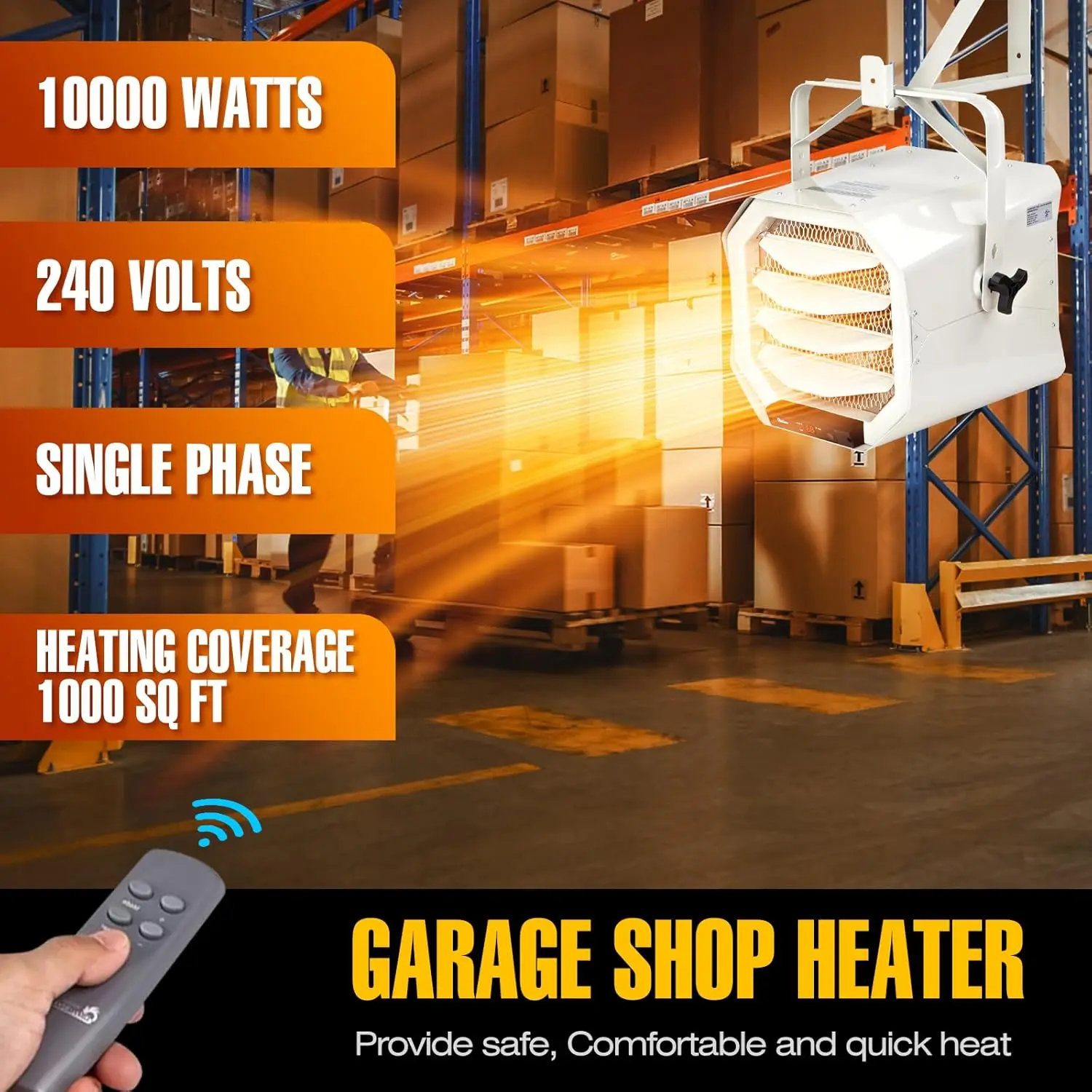 

DR-910F 10,000-Watt 240V Heavy-Duty Hardwired Shop Garage Heater Wall/Ceiling Mounted with Remote Controlled Thermostat·Hot Sale