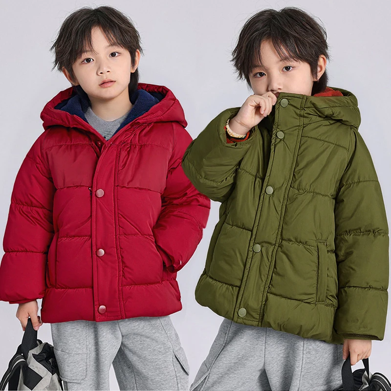 Teen Boys Jacket Autumn Winter New Solid Color Lining Plush Thick Warm Hooded Zipper Coats For 3-10Y Boys Cotton Down Snowsuit