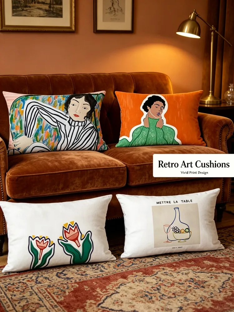 Retro Abstract Art Lumbar Pillow Cover Soft Peach‑Skin Rectangular Cushion Cover Figure Floral Vase Print Throw Pillowcase for L