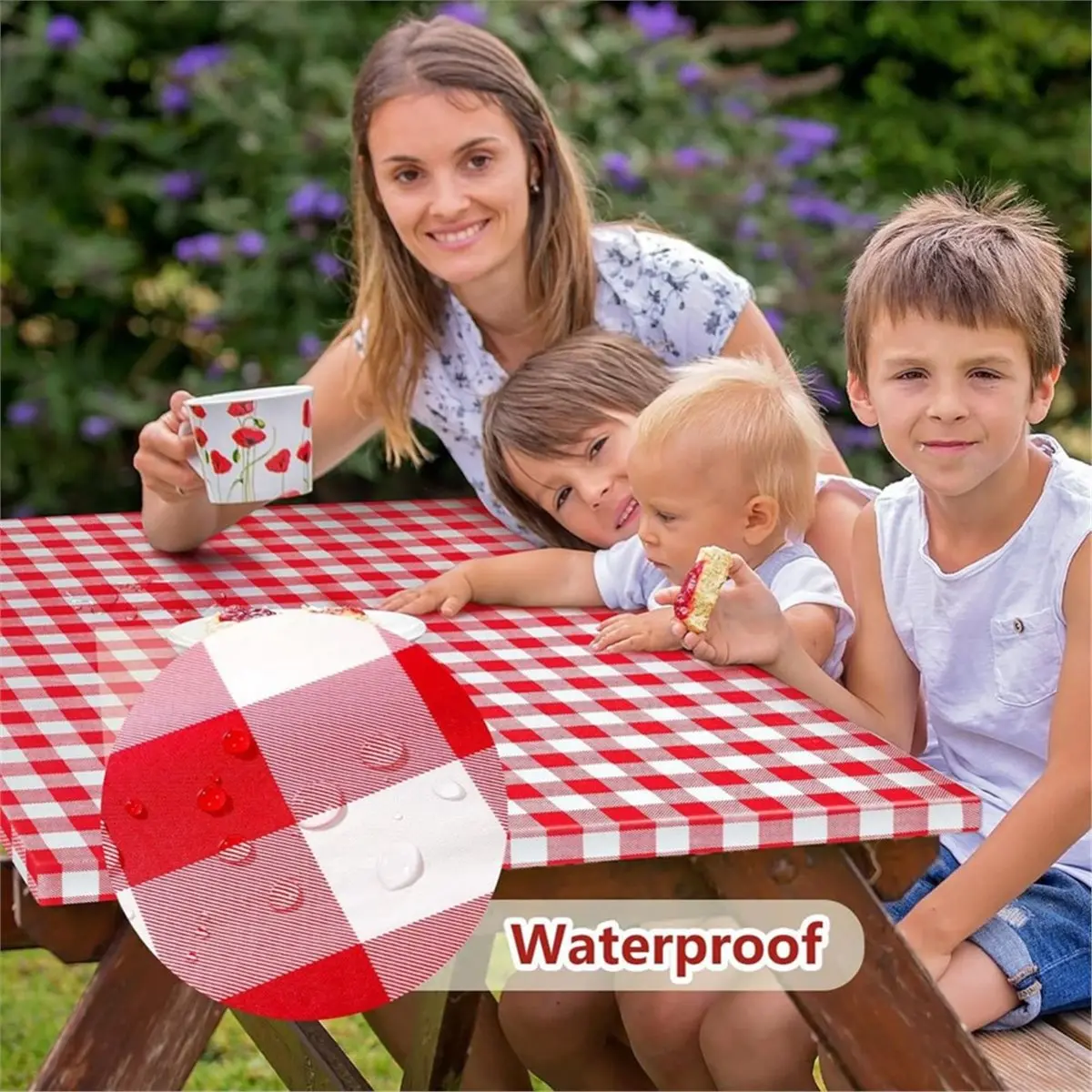 (A02R] Picnic Table Cover with Bench Covers and Bag, Camping Table Camping Essentials Cover with Elastic Edges Red