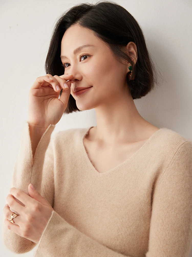 Grace Women Cashmere Pullover V-neck Basic Slim Sweater Autumn Winter 100% Cashmere Knitwear Split Sleeve Solid Comfort Clothing