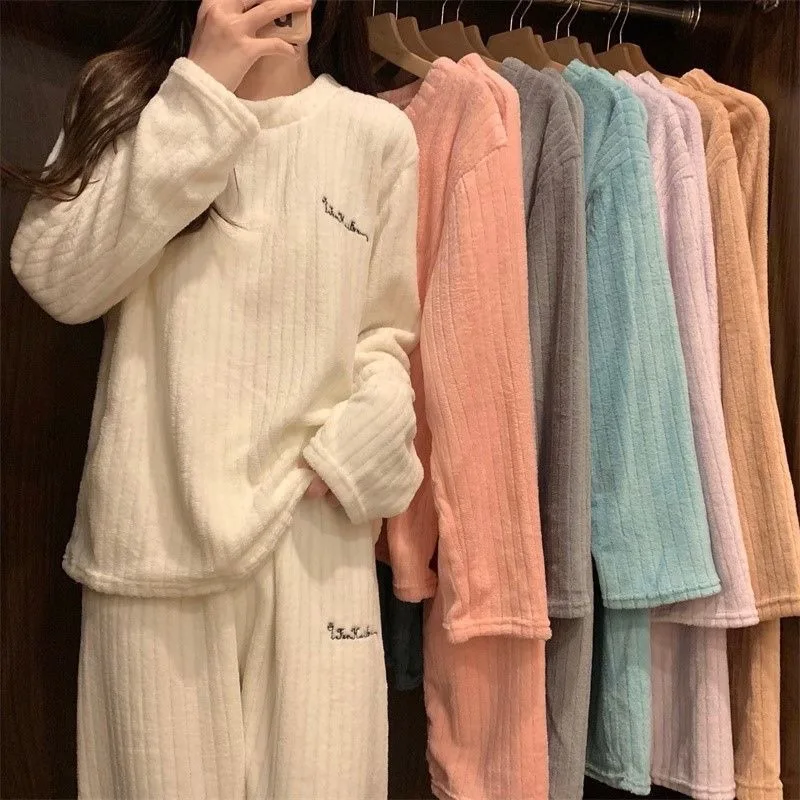 Casual Sleepwear Women Pajama Sets Winter Warm Piiama Fleece Night Wears Sets for Women 2 Pieces Embroidery Solid Home Suit 2024