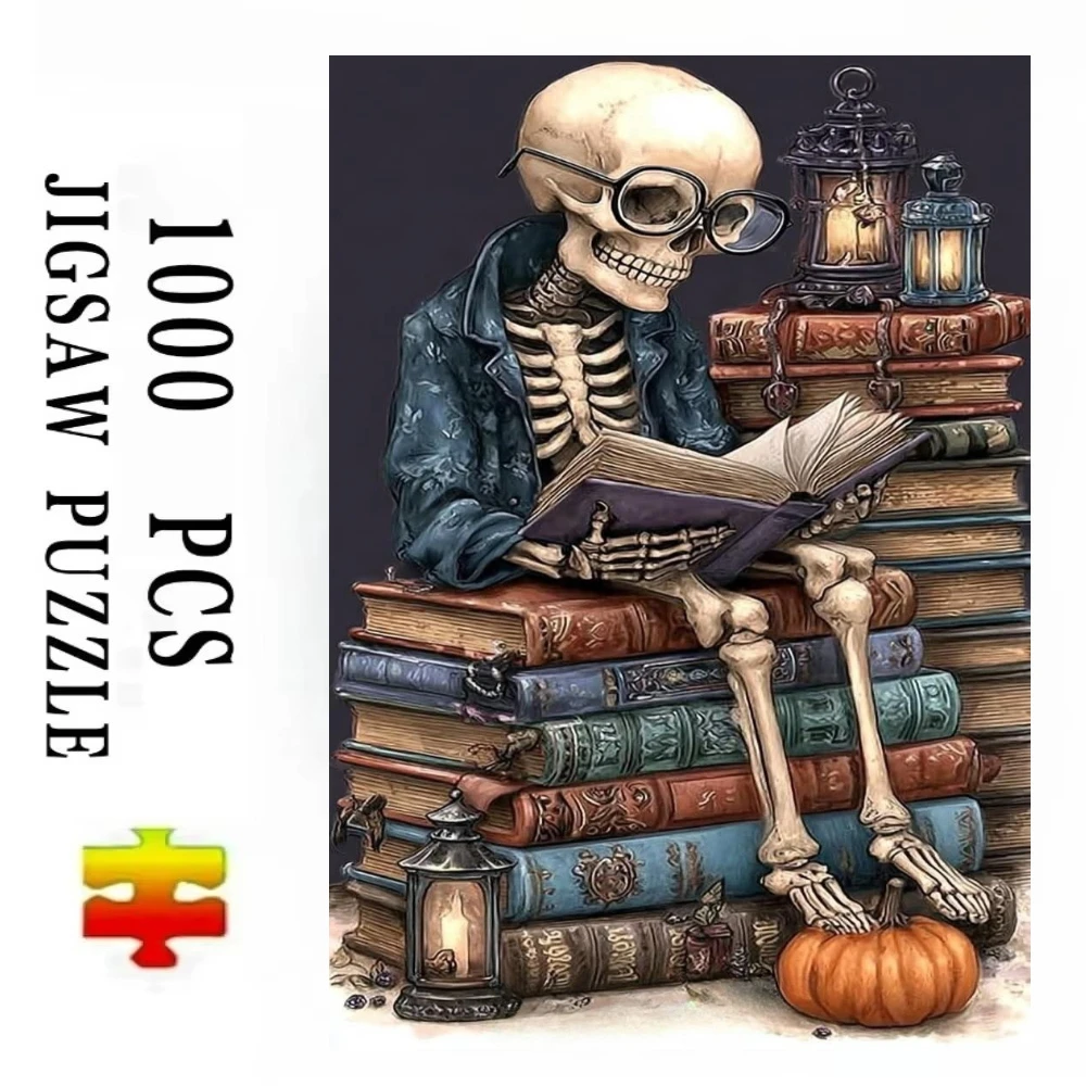 Gothic Skeleton Reading Books Lantern Jigsaw Puzzles 500/1000/1200/2000 PCS Wall Decor for Living Room Bedroom Gift No Frame