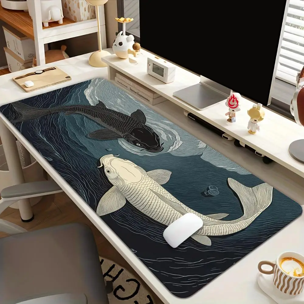 Art Koi Fish Illustration large Mouse Pad Desk Mat Non-Slip Durable office mouse mat gaming mats with Stitched Edge HD printing