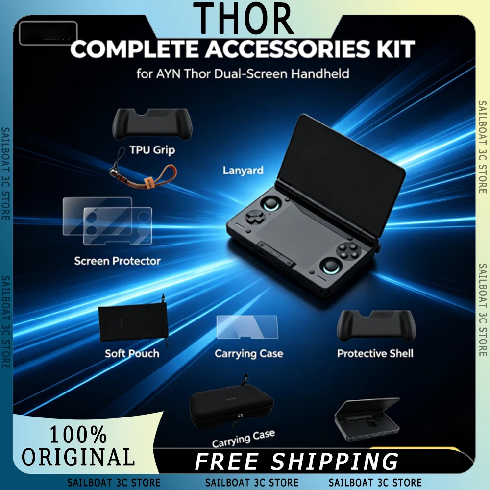 For AYN Thor Accessories Bundle TPU Grip Case Screen Protector Carrying Bag Lanyard Pouch for Dual Screen Handheld Game Console