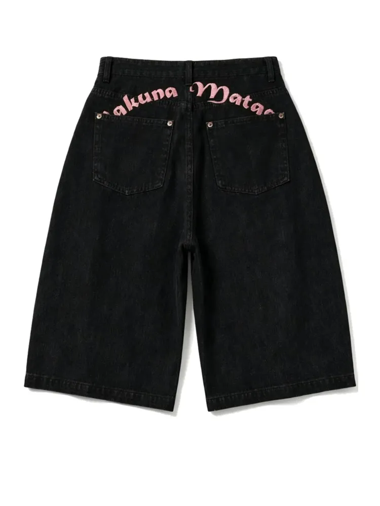 

Women's Sweet Casual Short Jeans Baggy Denim Retro Emo Harajuku Goth Jeans Letter Embroidery High Street Y2K Mopping Pant Unisex