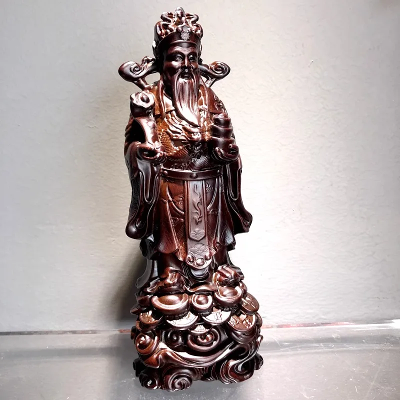 Hand Carved Ebony Wood Wen Cai Shen Statue Figurine - God of Wealth Prosperity Fortune Ornament Home Office Desk Decor Gift